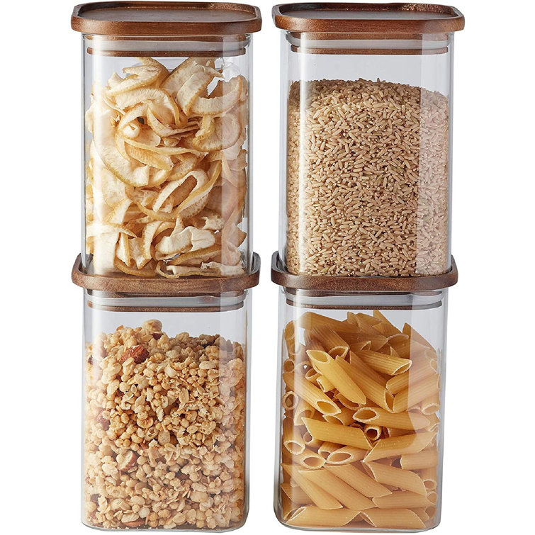 Prep & Savour Square Glass Jars With Wood Lids Set Of (4)Airtight And